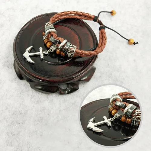 Vista 25 de Suyi brazalete ajustable con varias capas, de cuero tejido trenzado con cruz. Pulsera tipo esclava.