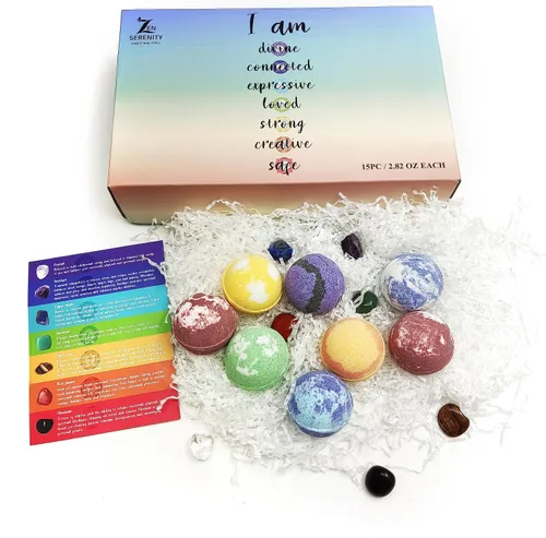 Vista 8 de Bombas de baño con piedras preciosas curativas de chakras. 15 bombas de baño de aceites esenciales. Bombas de baño con piedras de chakra reales