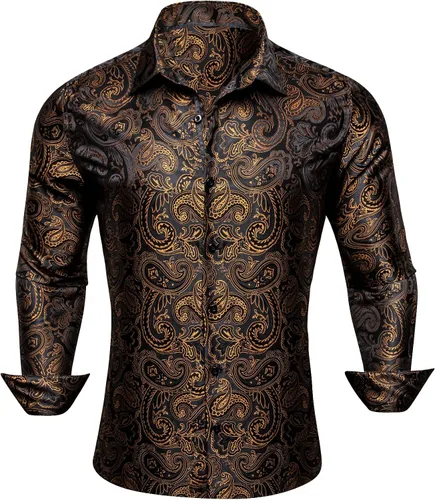 Vista 3 de Barry.Wang Camisas de manga larga con botones para hombre, diseño de cachemira de seda, estilo vintage, vaquero, fiesta, boda, casual