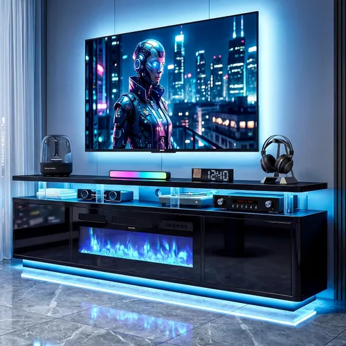 Vista 11 de oneinmil Soporte de TV con chimenea de 70 pulgadas para sala de estar, centro de entretenimiento con chimenea eléctrica con luces LED dobles
