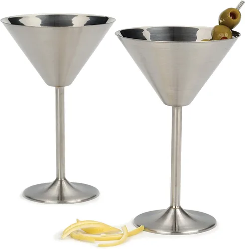 Vista 2 de RSVP Colección internacional de utensilios de bar de acero inoxidable cepillado, vidrio de Martini, juego de 2