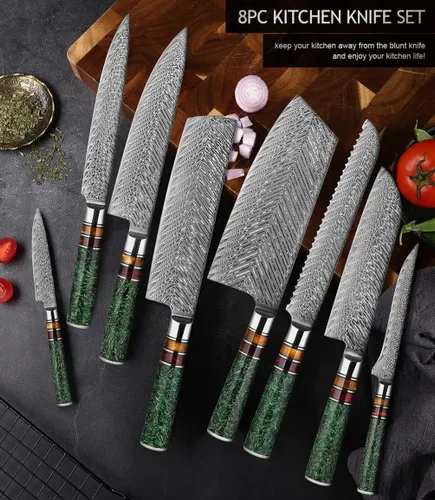 Vista 2 de Juego de cuchillos, 8 piezas de 67 capas, cuchillos de cocina de acero de damasco, corte afilado, alimentos, multiusos, grano verde, mango