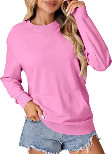Vista 24 de OPOIPIN Suéter con bolsillo de manga larga y cuello redondo para mujer, estilo casual