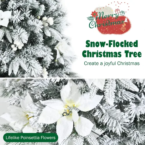 Vista 7 de COSTWAY Árbol de Navidad artificial flocado de nieve de 5 pies, árbol falso de Navidad con 339 puntas de rama, 228 bayas blancas y flores de pascua