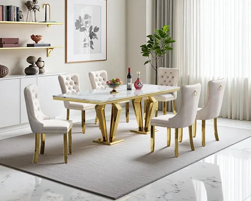 Vista 45 de Juego de mesa de comedor de mármol sintético, 7 piezas, juego de mesa de cocina y comedor para 6, mesa de comedor rectangular blanca de 70 pulgadas