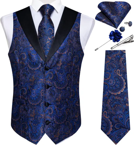 Vista 16 de DiBanGu Chaleco de traje de cachemira para hombre, chaleco jacquard de seda y corbata, chaleco formal de cuello de chal, 7 piezas para fiesta