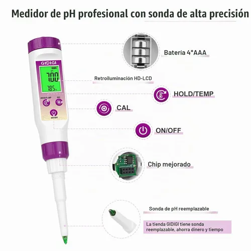 Vista 2 de Medidor de pH Digital Electrónico para Alimentos Probador de pH para Fermentación Kits de Solución de Calibración de Tampón de pH de 3*50ml Sonda