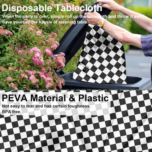 Vista 5 de Paquete de 2 manteles de plástico a cuadros en blanco y negro para fiestas, desechables de 54 x 108 pulgadas, mantel rectangular con bandera a