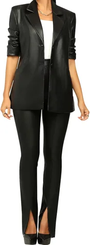 Vista 3 de Pantalones de piel sintética para mujer, cintura alta, costura frontal, dobladillo dividido, pantalones de piel sintética