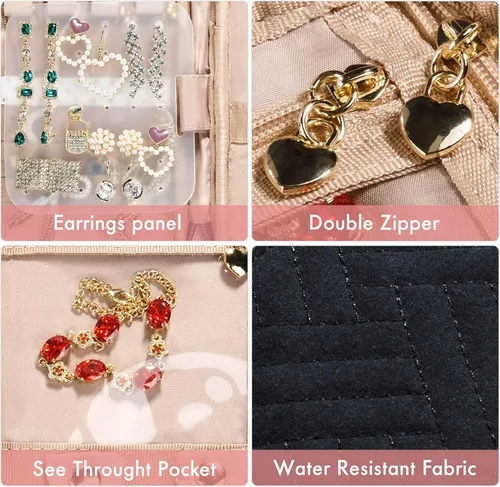 Vista 5 de Estuche organizador de joyas de viaje, bolsas de viaje para mujer, pequeño estuche de joyería de viaje para aretes sin enredos, collares