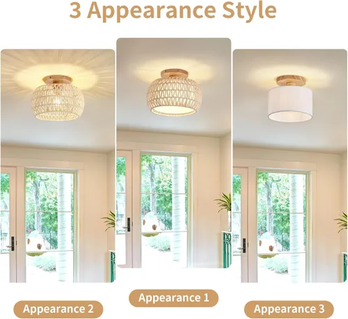 Vista 2 de Lámpara de techo de ratán bohemio, 3 opciones de estilo, luces de techo de mimbre semiempotradas, accesorios de luz costera beige, candelabro