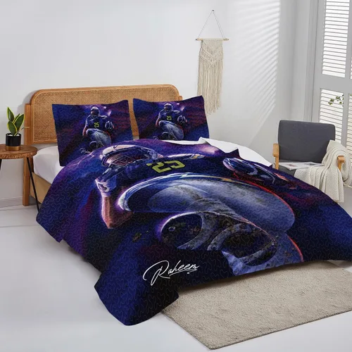 Vista 4 de Juego de cama de fútbol para niños, juego de edredón personalizado con nombre y número, edredón deportivo tamaño matrimonial, edredón con estampado
