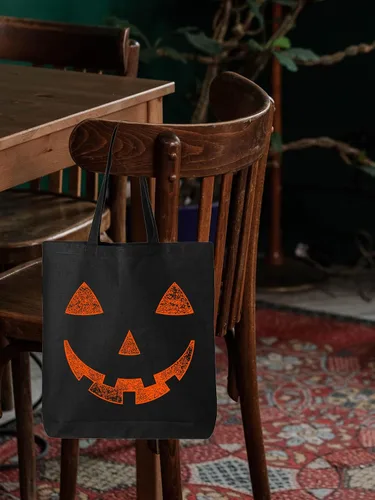 Vista 5 de shop4ever Orange Jack O' Lantern Pumpkin Face Halloween Trick or Treat Eco algodón Tote Bolsa de compras reutilizable