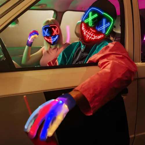 Vista 4 de Juego de guantes de esqueleto de máscara de Halloween, disfraces de Halloween, regalos para hombres, mujeres, niños y niñas, 3 modos de luz LED