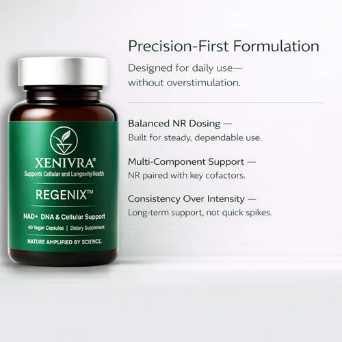 Vista 5 de Xenivra Regenix™ NAD+ Suplemento NAD Booster con ribósido de nicotinamida (NR) Energía celular y envejecimiento saludable Resveratrol y CoQ10