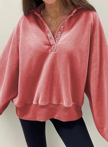Vista 4 de Dokotoo Sudaderas de gran tamaño con cuello de botón para mujer, manga de farol, holgadas, para mujer