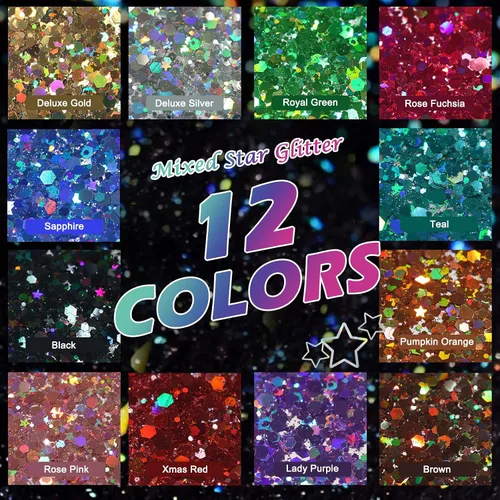 Vista 3 de Matio - Purpurina holográfica gruesa, 12 colores surtidos de purpurina artesanal mezclada, 3mm de forma de estrella, purpurina fina en polvo, copo