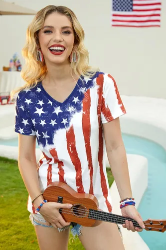 Vista 2 de For G and PL Camisetas con la bandera estadounidense del 4 de julio para mujer