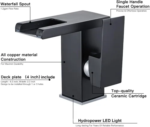 Vista 6 de Grifo de baño con luz LED RGB, boquilla de cascada, color negro, 3 colores cambiantes, mango de un agujero, conjunto de drenaje a juego