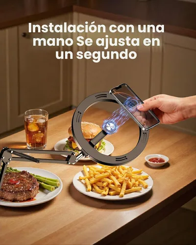 Vista 2 de Anillo de luz con soporte magnético para teléfono, soporte de teléfono superior para escritorio, trípode LED de 10 pulgadas para iPhone con anillo