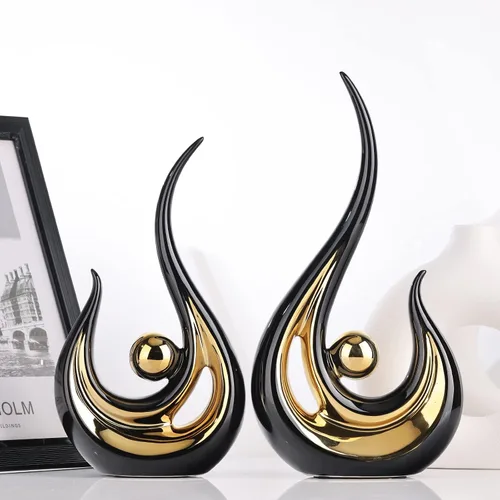 Vista 4 de XMGZQ 2 piezas Estatua de Arte Abstracto Moderno en Negro y Oro para Decoración de Mesa, Elegante Estatua de Cerámica para Acento de Decoración