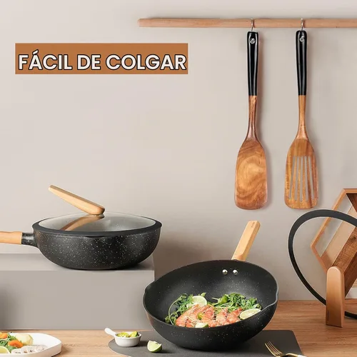 Vista 7 de 2 piezas de juego de espátulas de madera para cocinar Utensilios de cocina de teca no tóxicos sin BPA, espátula ranurada para panqueques, espátula 2