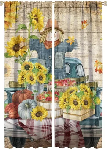 Vista 34 de Divertidas cortinas opacas de calabaza y espantapájaros para sala de estar, rústicas de otoño, hojas de arce, girasol, cosecha de otoño, puesta