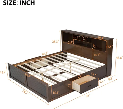 Vista 3 de Polibi Cama de plataforma de madera tamaño King con cabecera de almacenamiento múltiple, puertos y cajones de carga USB, plataforma