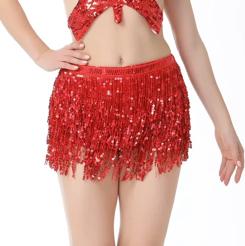 Vista 4 de DOOVID Falda de danza del vientre, falda bohemia con borlas y lentejuelas para mujer, faldas brillantes para fiesta de Halloween