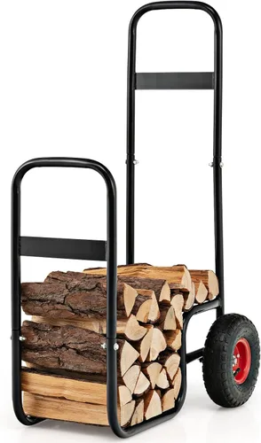 Vista 9 de Giantex Carrito de leña para leña, estante de madera para almacenamiento, carrito de almacenamiento de fuego rodante, carrito de almacenamiento