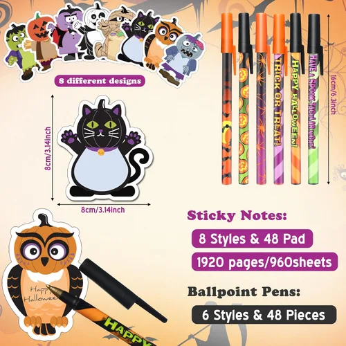 Vista 2 de Pajean 960 Sheets Halloween Sticky Notes Set 48 Pcs Pumpkin Owl Funny Ballpoint Pens with 48 Pad Sticky Notepad for Halloween Party Favor Gift