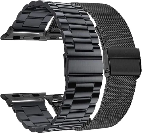 Vista 3 de Paquete de 2 correas de metal compatibles con Apple Watch Band 38/40/41/42/44/45/46/1.929 in, acero inoxidable y malla milanesa para iWatch Band