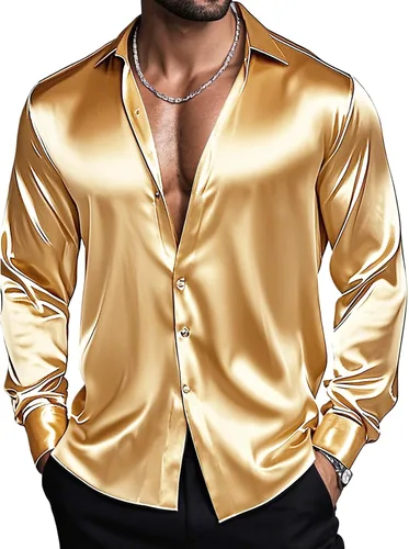 Vista 23 de Barry.Wang Camisas de discoteca de los años 70 para hombre, camisas beige B