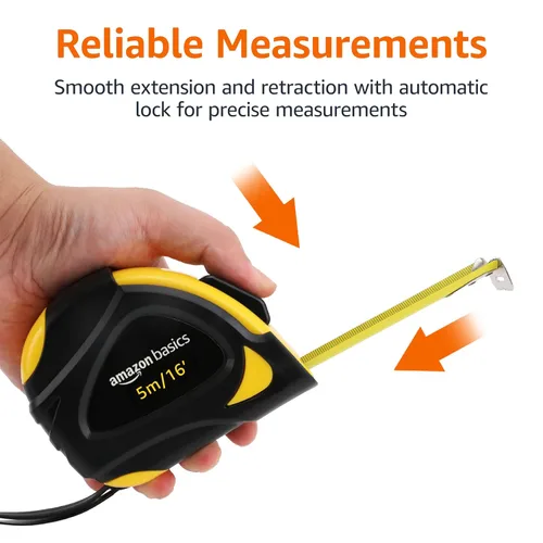 Vista 3 de Amazon Basics - Cinta métrica autobloqueante, precisión MID, 16 pies (5 m), Negro, Amarillo