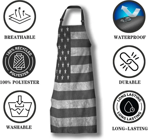 Vista 7 de Delantal de cocina para hombre, diseño de bandera estadounidense en blanco y negro, delantal de cocina para mujeres, para cocinar, restaurante