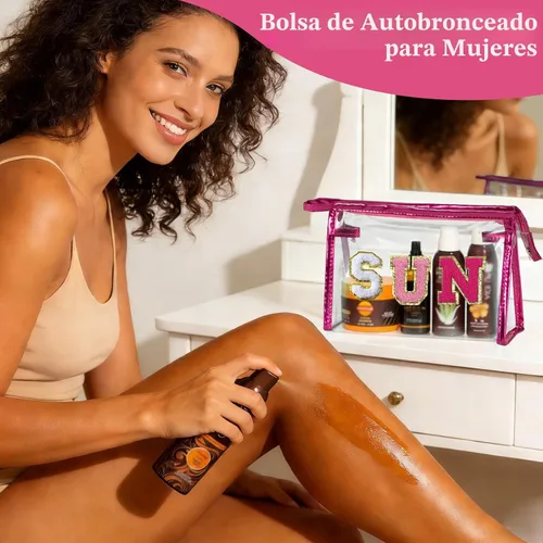 Vista 6 de COSHAYSOO Bolsa de Maquillaje Transparente con Protección Solar, Bolsa de Protector Solar con Parches de Letras, Accesorios Esenciales de Playa