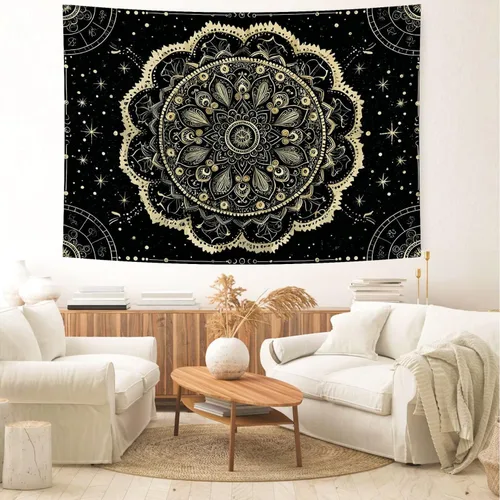 Vista 5 de Delur Tapiz de mandala negro y dorado, astrología, espacio, hippie bohemio, medallón floral, tapiz para colgar en la pared, estético, cabecero