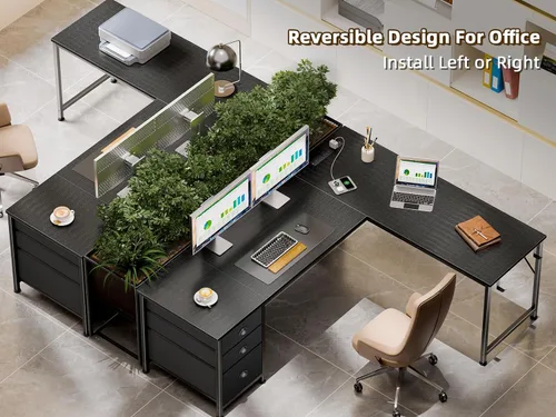 Vista 6 de Furologee 63" L Shaped Computer Desk with Power Outlet & USB-C Port, Reversible Home Office Desk with 2 Fabric Drawers, File Cabinet, Hooks, Large