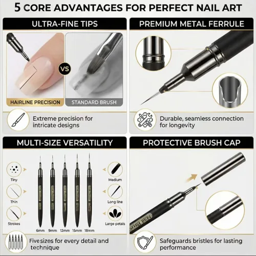 Vista 3 de 5PCS Nail Art Liner Brushes, 0.236/0.354/0.472/0.591/0.709 in Pinceles Negro