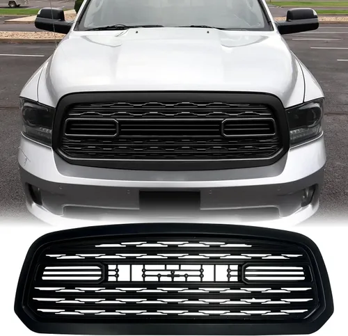 Vista 11 de Rejilla delantera compatible con RAM 1500 Big Horn Style 2013 2014 2015 2016 2017 2018, rejilla de repuesto con letras y luces LED, cromada