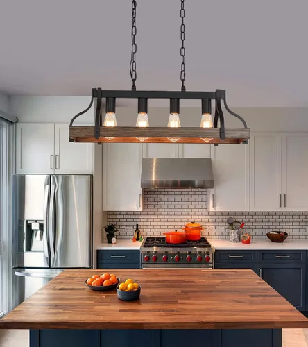 Vista 5 de MEIXISUE Lámpara rústica para isla de cocina, comedor, candelabro lineal estilo granja, acabado negro y madera retro, 4 luces, lámpara colgante