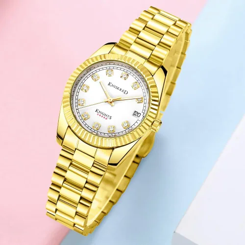 Vista 3 de Classic Dress Watch for Women Crystal Accented Dial Gold White