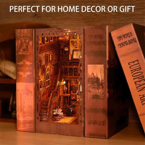 Vista 3 de Kit de rincón de libros en miniatura para bricolaje, biblioteca de sueños académicos con luz LED, rompecabezas de diorama de sujetalibros de madera