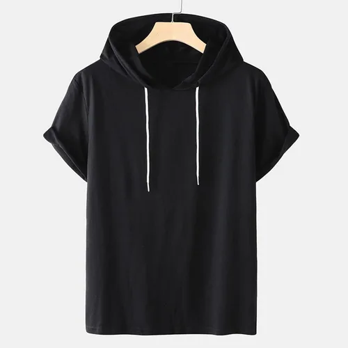 Vista 2 de Camisa de algodón para hombre, de moda, manga corta, con cordón, con capucha, ajuste holgado, atlética, camisetas de entrenamiento