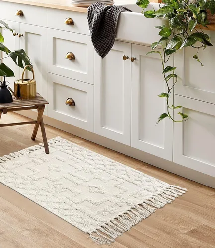 Vista 7 de Uphome Alfombra de Baño Bohemia de 2' x 3', Alfombras Pequeñas de Dormitorio Estilo Granja Lavables con Borlas, Tapetes de Baño Geométricos Beige