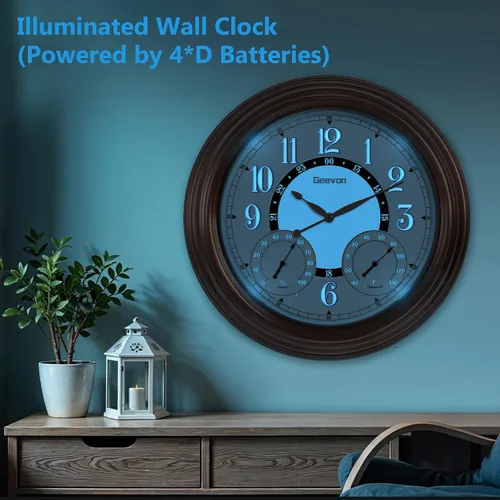 Vista 5 de Geevon Relojes iluminados para interiores y exteriores, impermeables, de 18 pulgadas, con sensor inteligente, reloj de pared grande con termómetro e