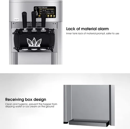 Vista 4 de Máquina comercial de helados para catering, máquina de congelación de helados de 1200 W 3 sabores 16 a 18 L/h Máquina de helados con pantalla LCD