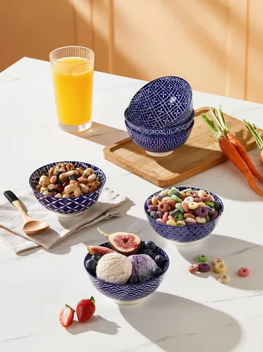 Vista 3 de Metahom Tazones Azules y Blancos, Tazones de Cerámica para Postre de 10 Oz, Juego de Tazones de Porcelana para Helado, Tazones Decorativos