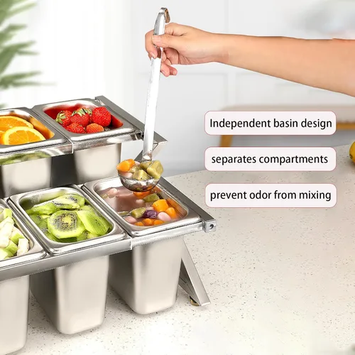 Vista 2 de Bandeja para servir condimentos de dos capas, 8 recipientes de condimentos de acero inoxidable con tapas y cucharones, juego de recipientes