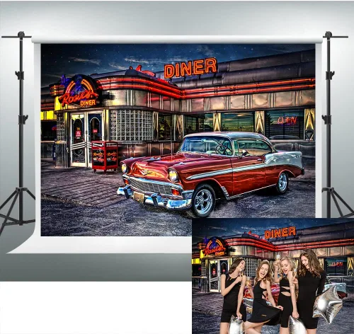 Vista 7 de Telón de Fondo de Rock Roll de los 50s para Diner, 1950s Coche Vintage Retro Nostalgia para Fotografía, 1.5x0.9m Telón de Fondo para Fotos